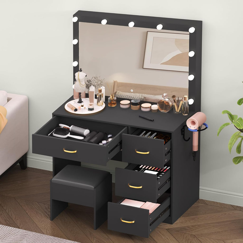 YITAHOME Makeup Vanity Table with Lighted Mirror, Cushioned Stool, 4 Storage Drawers & Hidden Jewelry Organizer, 3-Mode LED Lighting