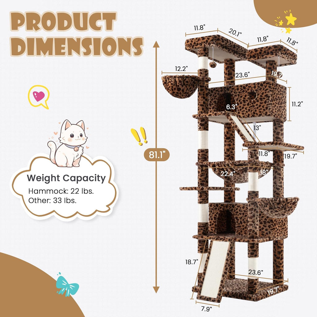 81" Multi-Level Cat Tree with Hammock, Scratching Posts & Cozy Perches – Perfect for Large Cats (Available in Multiple Colors)