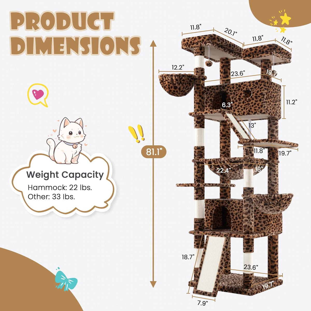 81" Multi-Level Cat Tree with Hammock, Scratching Posts & Cozy Perches – Perfect for Large Cats (Available in Multiple Colors)