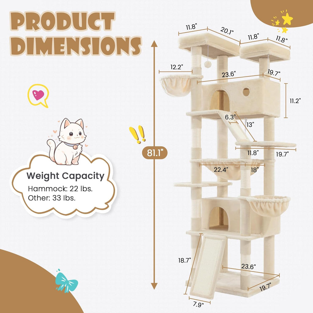 81" Multi-Level Cat Tree with Hammock, Scratching Posts & Cozy Perches – Perfect for Large Cats (Available in Multiple Colors)