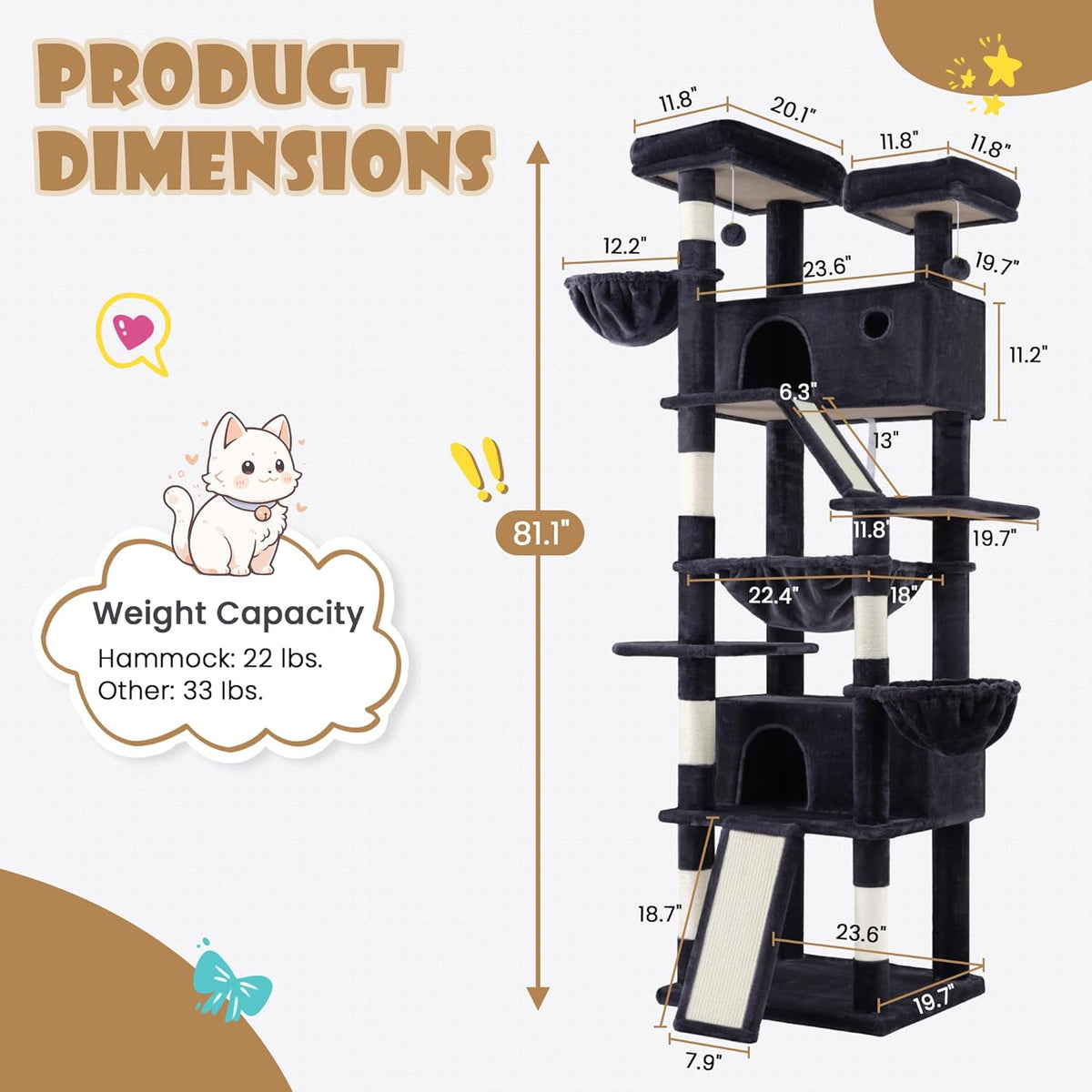 81" Multi-Level Cat Tree with Hammock, Scratching Posts & Cozy Perches – Perfect for Large Cats (Available in Multiple Colors)