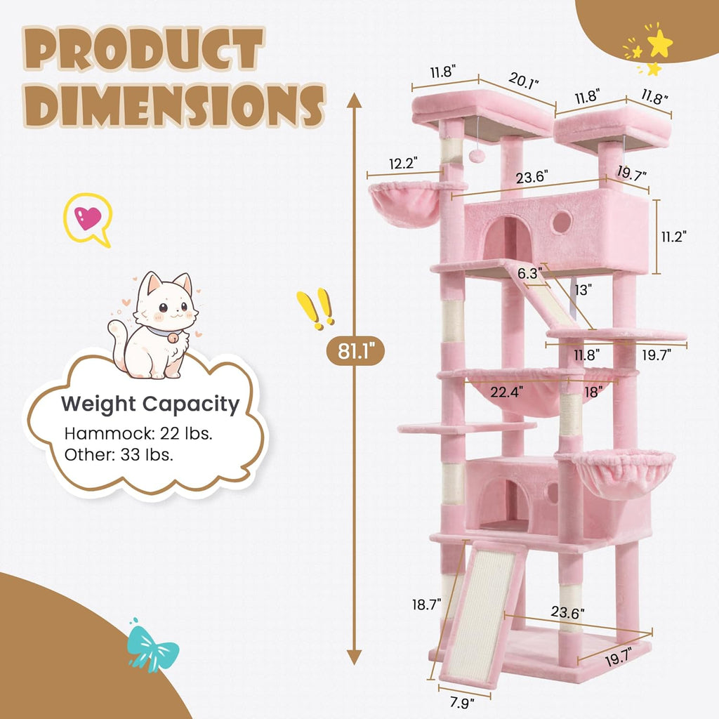 81" Multi-Level Cat Tree with Hammock, Scratching Posts & Cozy Perches – Perfect for Large Cats (Available in Multiple Colors)